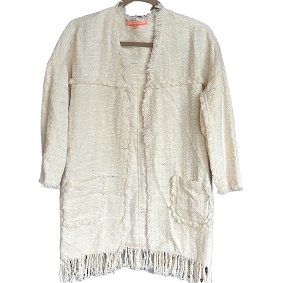 Vilagallo Open Front Cotton Woven Jacket with Fringe, Off White - Picture 2 of 8